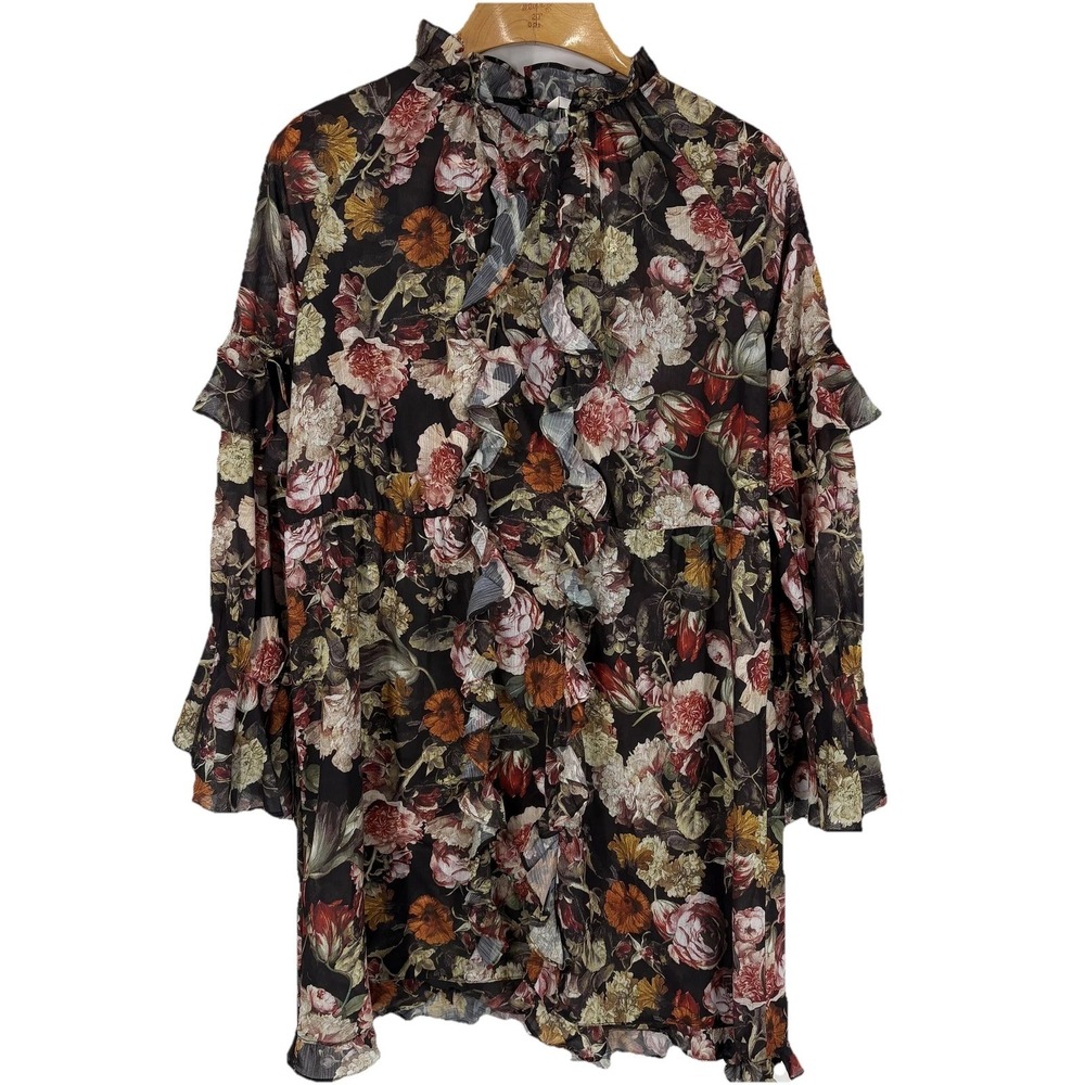H&M Dress Womens 10 Black Floral High Neck Long Bell Sleeve Ruffle Short Chiffon